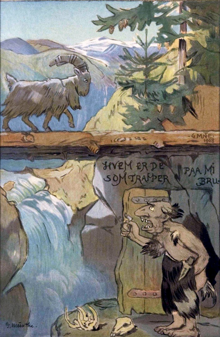 Gerhard_Munthe_(1849-1929)_De_tre_bukkene_Bruse_1908_(Three_Billy_Goats_Gruff)_Watercolour_drawing_Norsk_Folkemuseum_Norway_DigitaltMuseum_Cropped_NF.01563_Public_domain_PDM.jpg